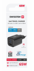 Swissten síťový adaptér gan 2x usb-c 65w pd + 1x usb-a 18w qc černý