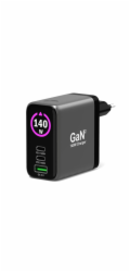 PORT CONNECT GaN2 síťová nabíječka pro 2×USB-C PD 3.1 a USB-A QC 3.0, 140W, OLED displej, černá