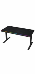 LORGAR stůl s nastavitelnou výškou, bezdrátovou nabíječkou, RGB osvětlením a USB porty, dřevěná deska, černý
