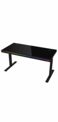 LORGAR stůl s nastavitelnou výškou, bezdrátovou nabíječkou, RGB osvětlením a USB porty,  tvrzené sklo, černý