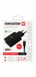 Swissten Síťový Adaptér Smart Ic 2X Usb 2,1A Power + Datový Kabel Usb / Type C 1,2 M Černý