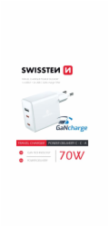 Swissten Síťový Adaptér GaN 2x USB-C + 1x USB 70W PD Bilý