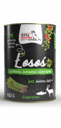 SYTA MICHA Losos s jeleními brusinkami a chřestem - mokré krmivo pro psy - 400g