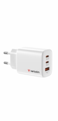 Verbatim GaN cestovní adaptér Essentials 65W, 2×USB-C PD, 1×USB-A QC, EU konektor, bílá