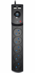 Plastrol Přepěťová ochrana, prodlužovací kabel 5 zásuvek + 2 x USB 5 m, černá, 10 A, 2300 W, W-100045
