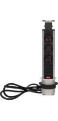 Orno Nábytková zásuvka , 3x250V AC, výsuvná z pracovní desky, s USB nabíječkou, zámkem a 1,8m kabelem, stříbrná
