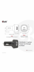Club3D Auto nabíječka pro Notebooky 63W, 2 porty (USB-A + USB-C)
