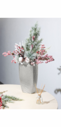 Větvička MagicHome Vánoce, bobulky se šiškami, červená, 34 cm
