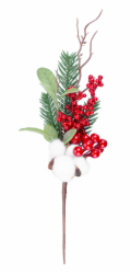 MagicHome Vánoční větvička s bobulemi a bavlnou, 34 cm