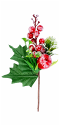 MagicHome Vánoční větvička, s bobulemi a jablkem, červená, s mrazivým efektem, 22 cm