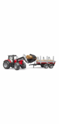 Bruder Traktor Massey Ferguson 7480 s čelním nakladačem, přívěs na dřevo (02046)