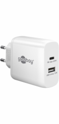 Goobay Duální rychlonabíječka USB-C, PD, GaN, 65 Wattů (bílá, 1x USB-C, 1x USB-A, Power Delivery)