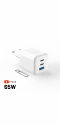 Nabíječka FIXED síťová GaN Mini s 2xUSB-C a USB výstupem, podpora PD, 65W, bílá