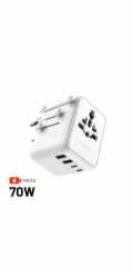 Adaptér FIXED Voyager 70W pro EU, UK a USA/AUS, s 3xUSB-C a 2xUSB výstupem, GaN, PD 70W, cestovní, bílý