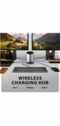 AXAGON HMC-WL9, USB 10Gbps hub s Qi, 3x USB-A, USB-C, HDMI & DP 4k/60Hz, RJ-45 GLAN, PD 100W, kabel USB-C 60cm