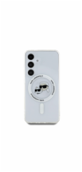 Karl Lagerfeld Pouzdro Button Karl & Choupette Heads s potiskem loga MagSafe pro Samsung Galaxy S25 Plus bílé