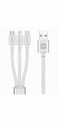 Swissten kabel Textile 3in1 mFi 1,2 m, stříbrná Swissten Datový kabel 3in1 MFi, 1,2 m, textilní, (micro USB, USB-C, Lightnings) stříbrný