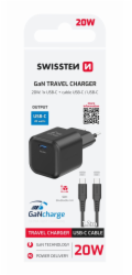Swissten síťový adaptér gan 1x usb-c 20w power delivery černý + datový kabel usb-c/usb-c 1,2 m černý