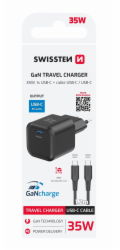 Swissten síťový adaptér gan 1x usb-c 35w power delivery černý + datový kabel usb-c/usb-c 1,2 m černý