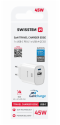 Swissten Nabíječka EDGE GaN 45W síťový adaptér, 2portový, 1x USB-C PD 45W + 1x USB-A 18W QC