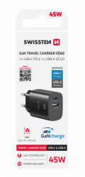 Swissten Síťový Adaptér Edge GaN 1x USB-C PD 45W + 1x USB-A 18W QC Černý